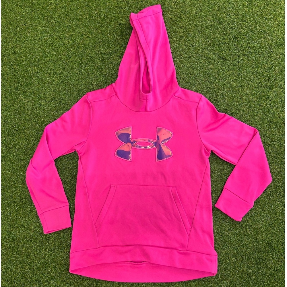 Under Armour Girls Pink Fleece Hoodie Metallic Iridescent Logo Pullover